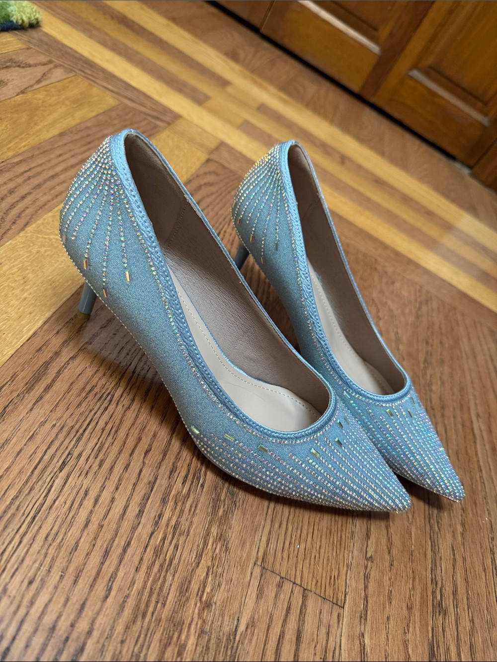 Sparkling Light Blue Pointed-Toe Heels with Crystal Accents